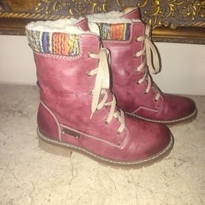 Rieker Women's Burgundy Lace-Up Boots with Knit Trim